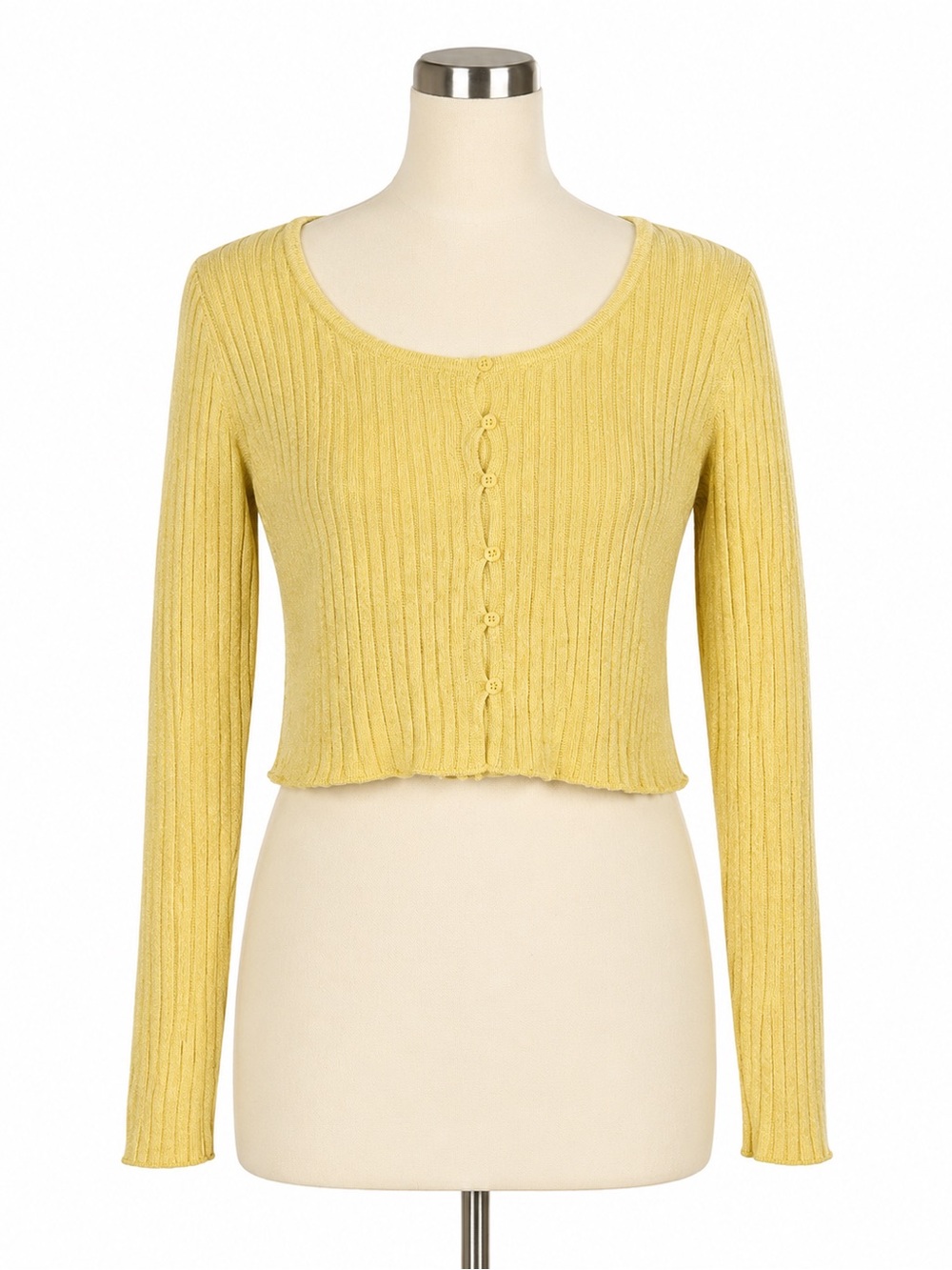 American Eagle Yellow Ribbed Cropped Cardigan Size Medium